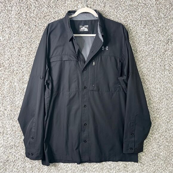 Under Armour Shirt Men’s XL HeatGear Black Flats Guide II Loose Fit Button Down - Picture 1 of 8